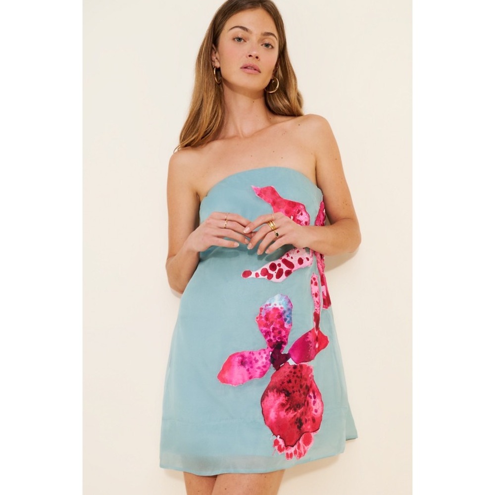 AMUR Fran Light Blue Strapless Orchid Floral Applique Mini Dress Size 4
